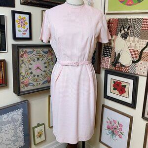 60s Vintage Pink & White Striped Short Sleeve Belted Dress With Back Zipper M